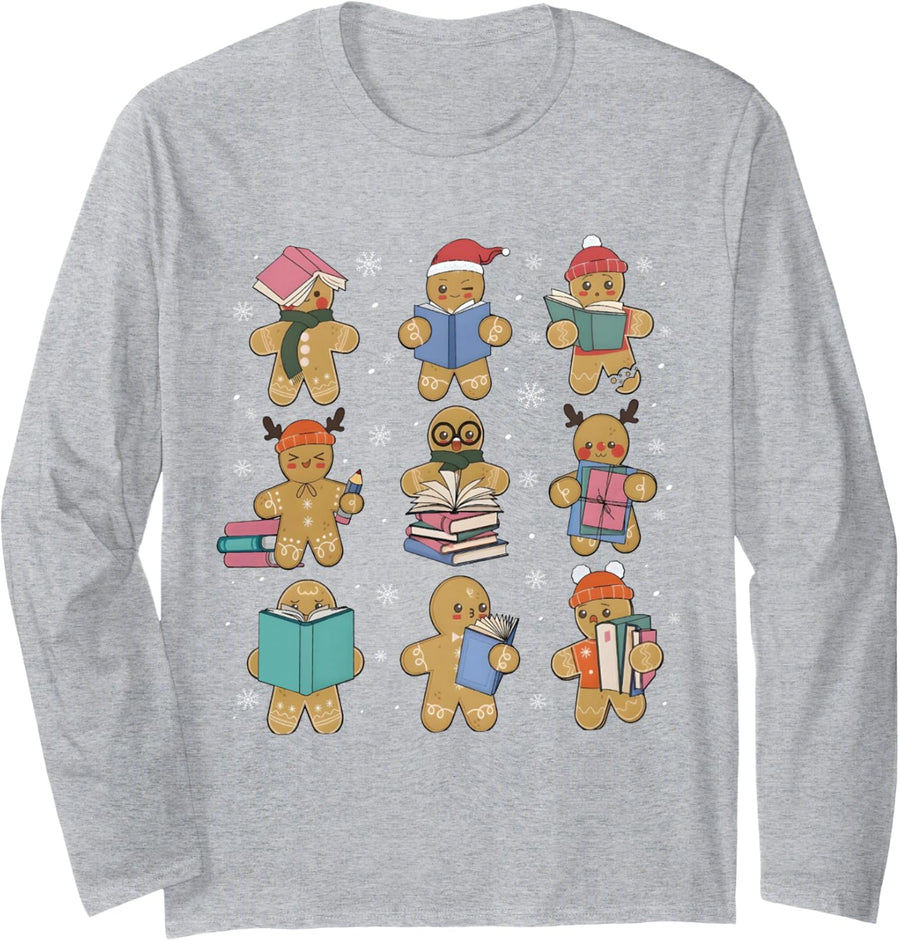 Christmas Library Gingerbread Man Books Lover Bookworm Gifts Long Sleeve T-Shirt - Adult Unisex Heather Grey