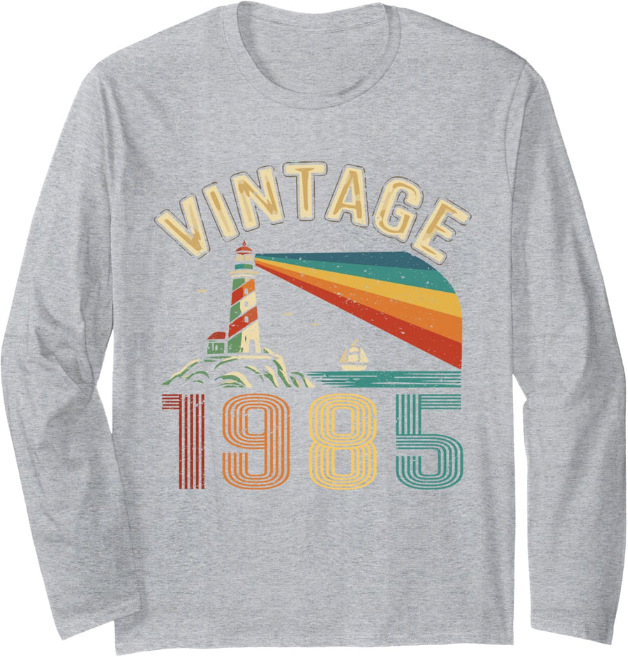 Vintage 1985 Retro Year Classic 1985 Funny Birth of Birthday Long Sleeve T-Shirt - Adult Unisex Heather Grey