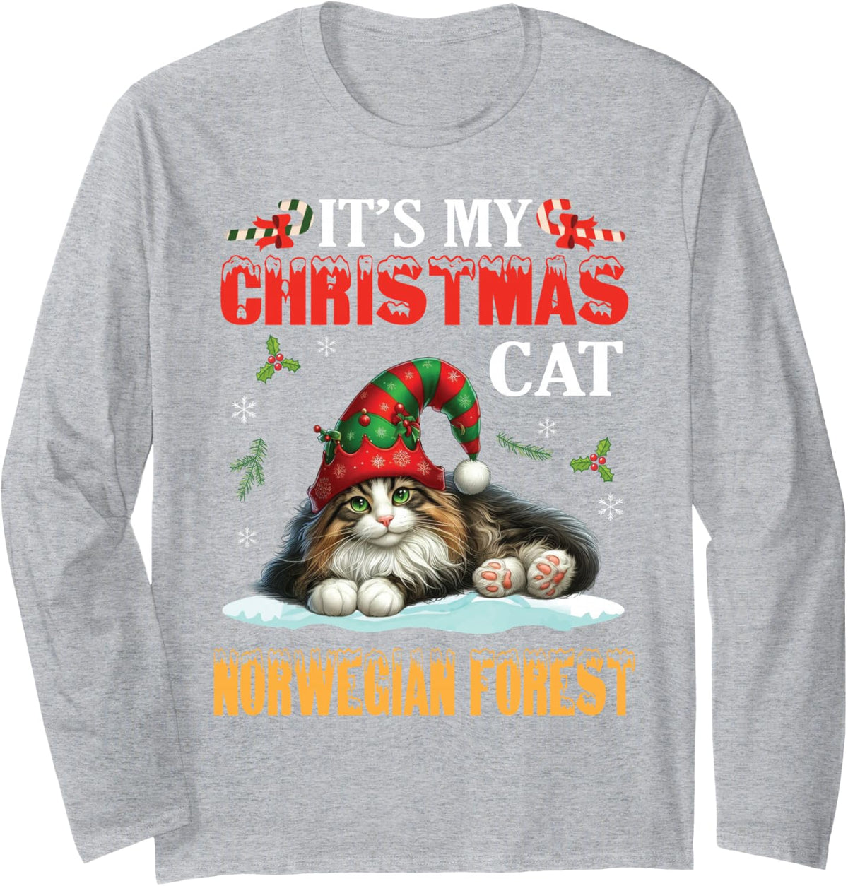 It’s My Christmas Cat Norwegian Forest Merry Day Mom Dad Long Sleeve T-Shirt - Adult Unisex Heather Grey