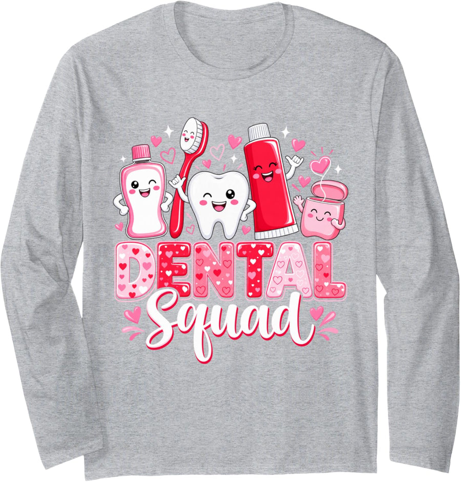 Dental Squad Cute Tooth Dentist Hygienist Idea Long Sleeve T-Shirt - Adult Unisex Heather Grey