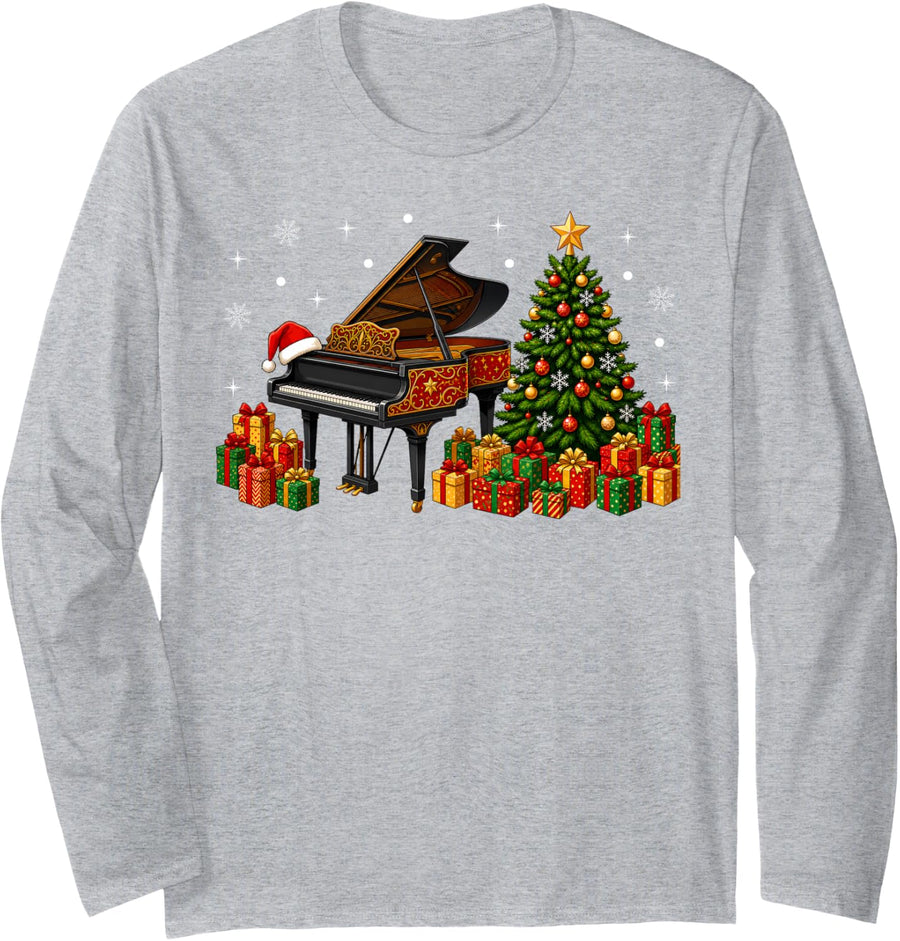 Festive Musical Piano Christmas Scene Long Sleeve T-Shirt - Adult Unisex Heather Grey
