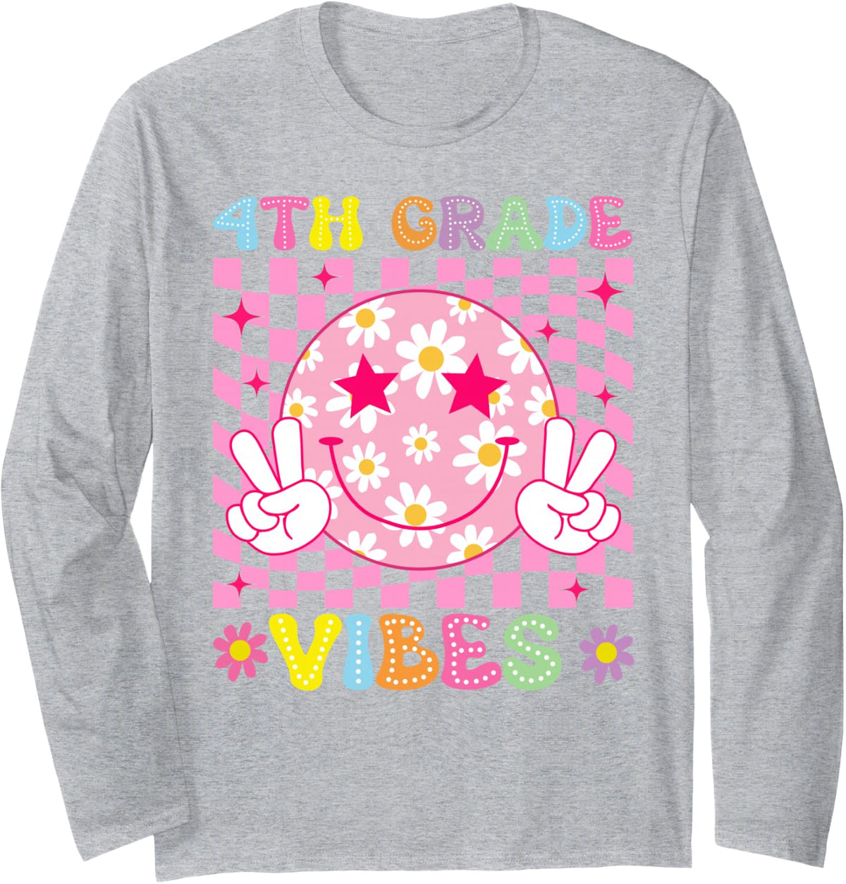 Girls 4th Grade Vibes Smile Face Back to School Fourth Grade Long Sleeve T-Shirt - Adult Unisex Heather Grey