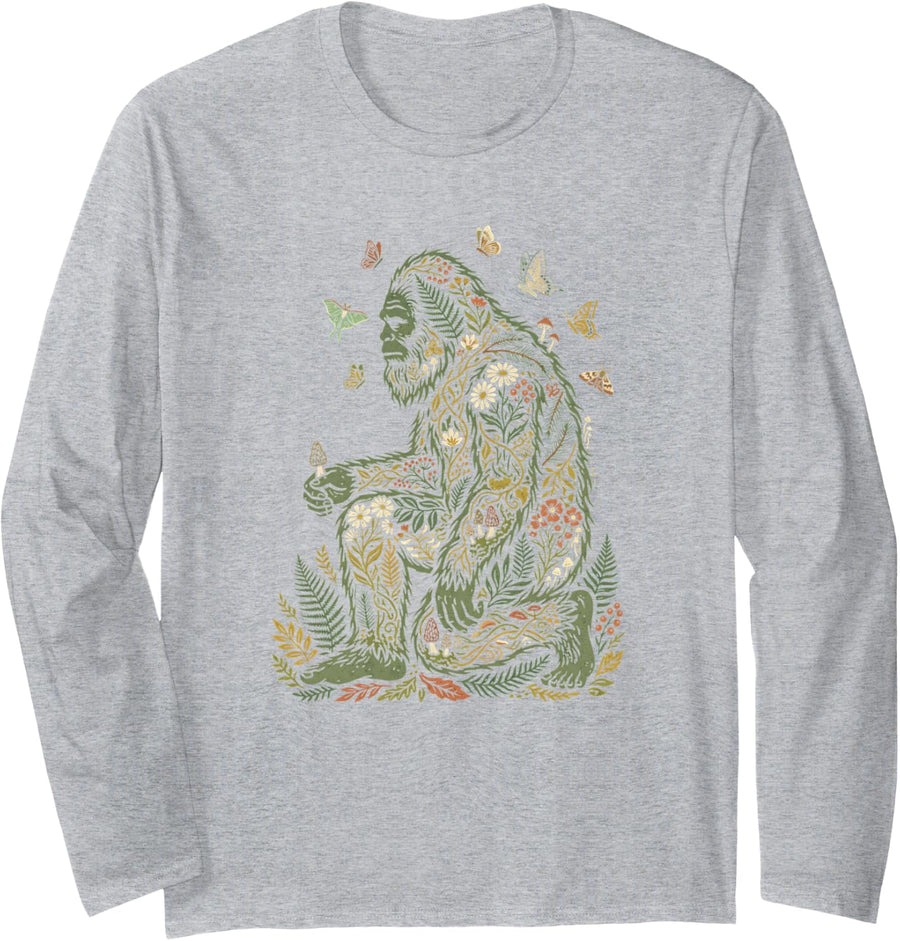 Botanical Bigfoot Silhouette Woodland Mushroom Cottagecore Long Sleeve T-Shirt - Adult Unisex Heather Grey