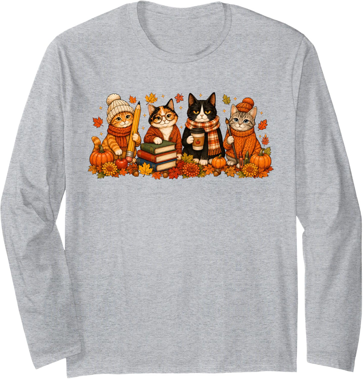 Cute Cat Teacher Thanksgiving Fall School Books Pumpkin Long Sleeve T-Shirt - Adult Unisex Heather Grey