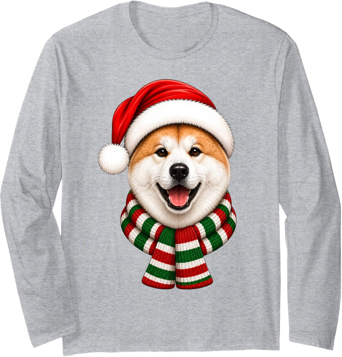 Akita Inu Dog Christmas Santa Hat Scarf Festive Xmas Long Sleeve T-Shirt - Adult Unisex Heather Grey
