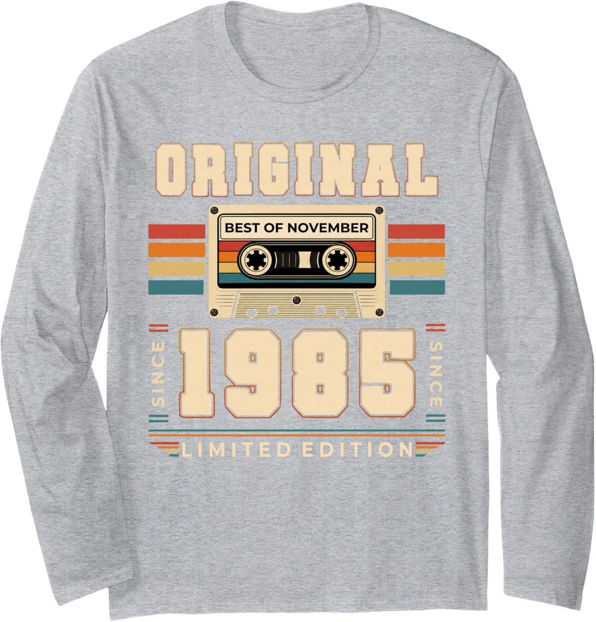 41st Birthday Gift Man Woman November 1985 Vintage Cassette Long Sleeve T-Shirt - Adult Unisex Heather Grey