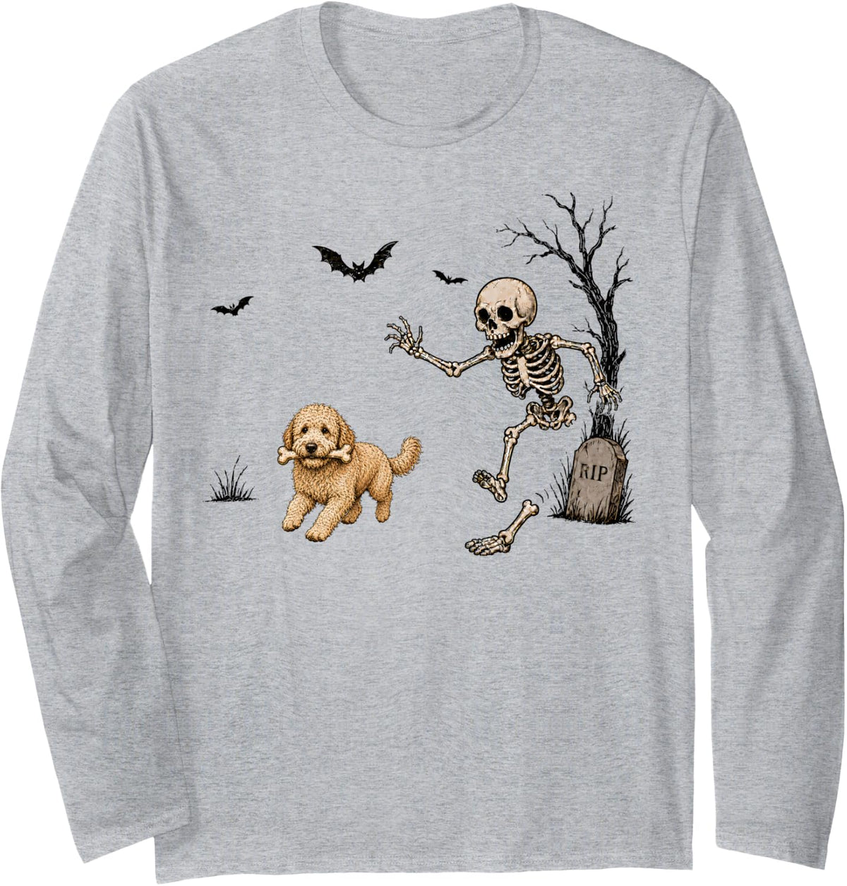 Funny Halloween Goldendoodle Skeleton Bone Spooky Pet Lover Long Sleeve T-Shirt - Adult Unisex Heather Grey