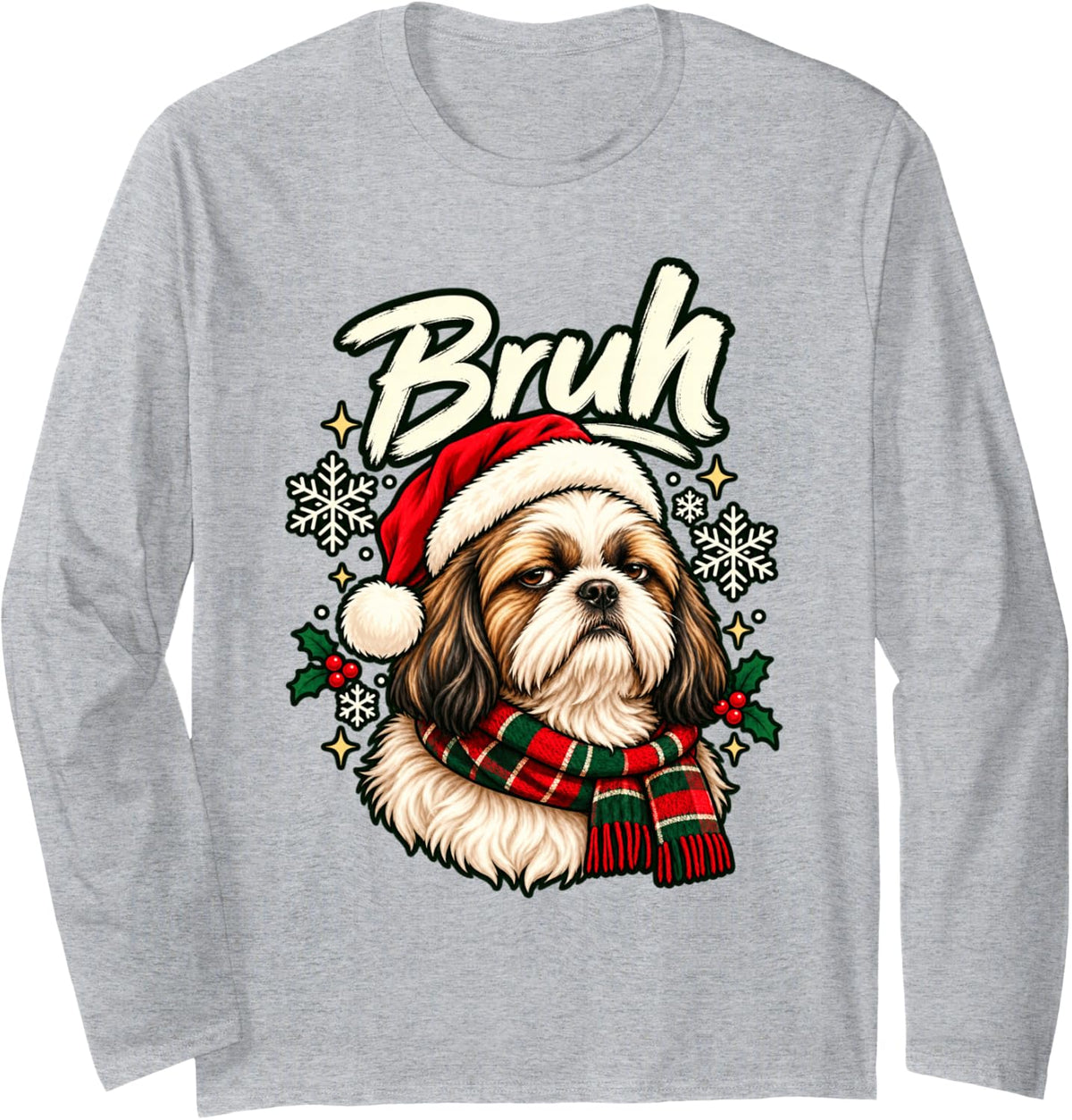 Bruh Shih Tzu Grumpy Christmas Dog Long Sleeve T-Shirt - Adult Unisex Heather Grey