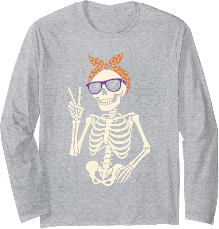 Halloween Skull Leopard Print Bandana Sunglasses Peace Sign Long Sleeve T-Shirt - Adult Unisex Heather Grey
