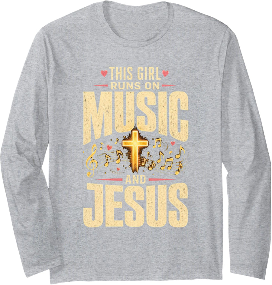 Christian Choir This Girl Runs On Music and Jesus Long Sleeve T-Shirt - Adult Unisex Heather Grey