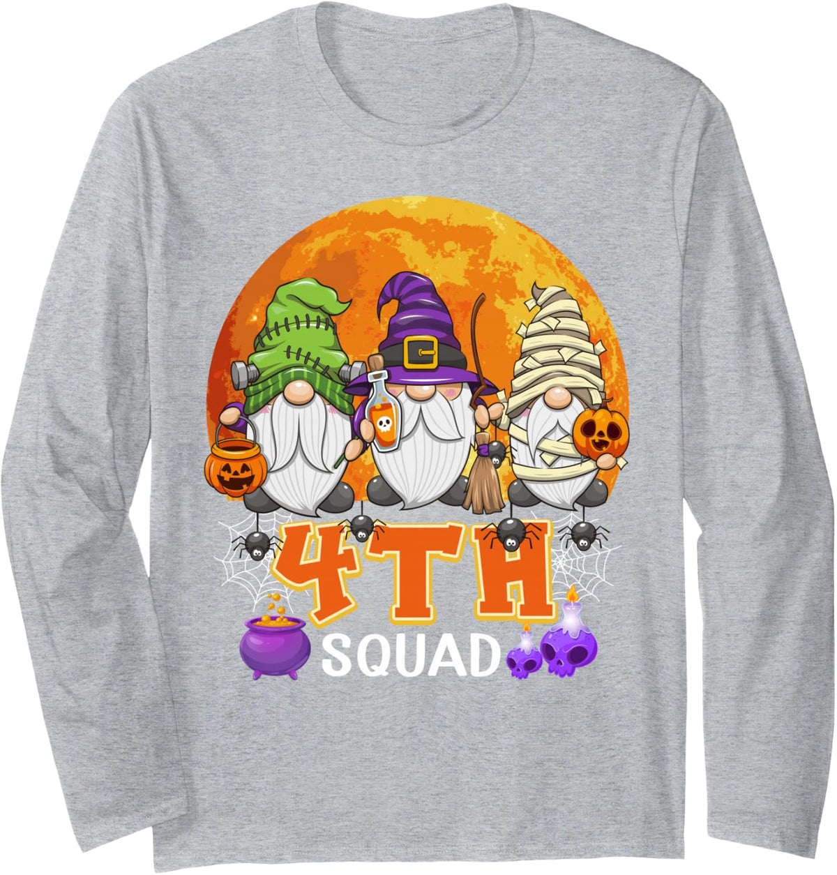 4th Squad Halloween 4th Grader Gnome Matching Long Sleeve T-Shirt - Adult Unisex Heather Grey