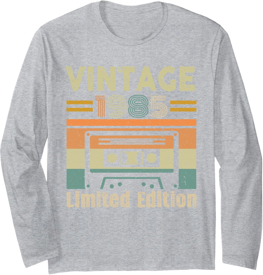 Vintage 1985 Limited Edition Classic Cassette Tape Birthday Long Sleeve T-Shirt - Adult Unisex Heather Grey