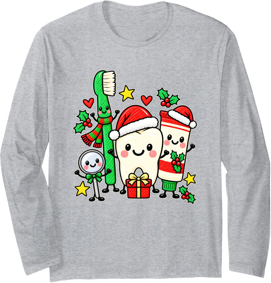 Christmas Dentist Dental Tools Doodle Hygienist Holiday Long Sleeve T-Shirt - Adult Unisex Heather Grey