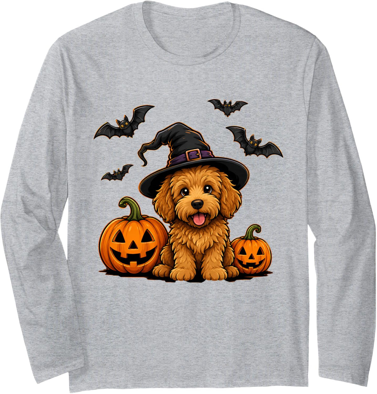 Goldendoodle Dog with Jack O Lantern Pumpkin Bats Halloween Long Sleeve T-Shirt - Adult Unisex Heather Grey