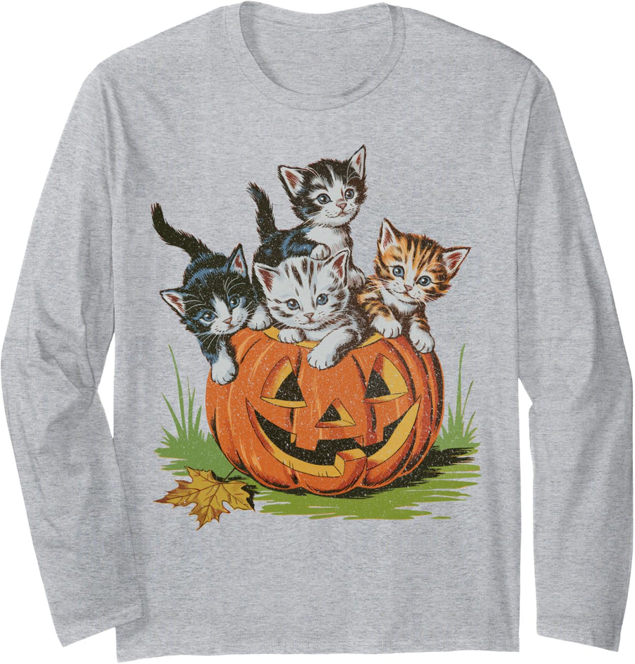 Halloween Vintage 90s Cat Pumpkin Spooky Season Men Women Long Sleeve T-Shirt - Adult Unisex Heather Grey