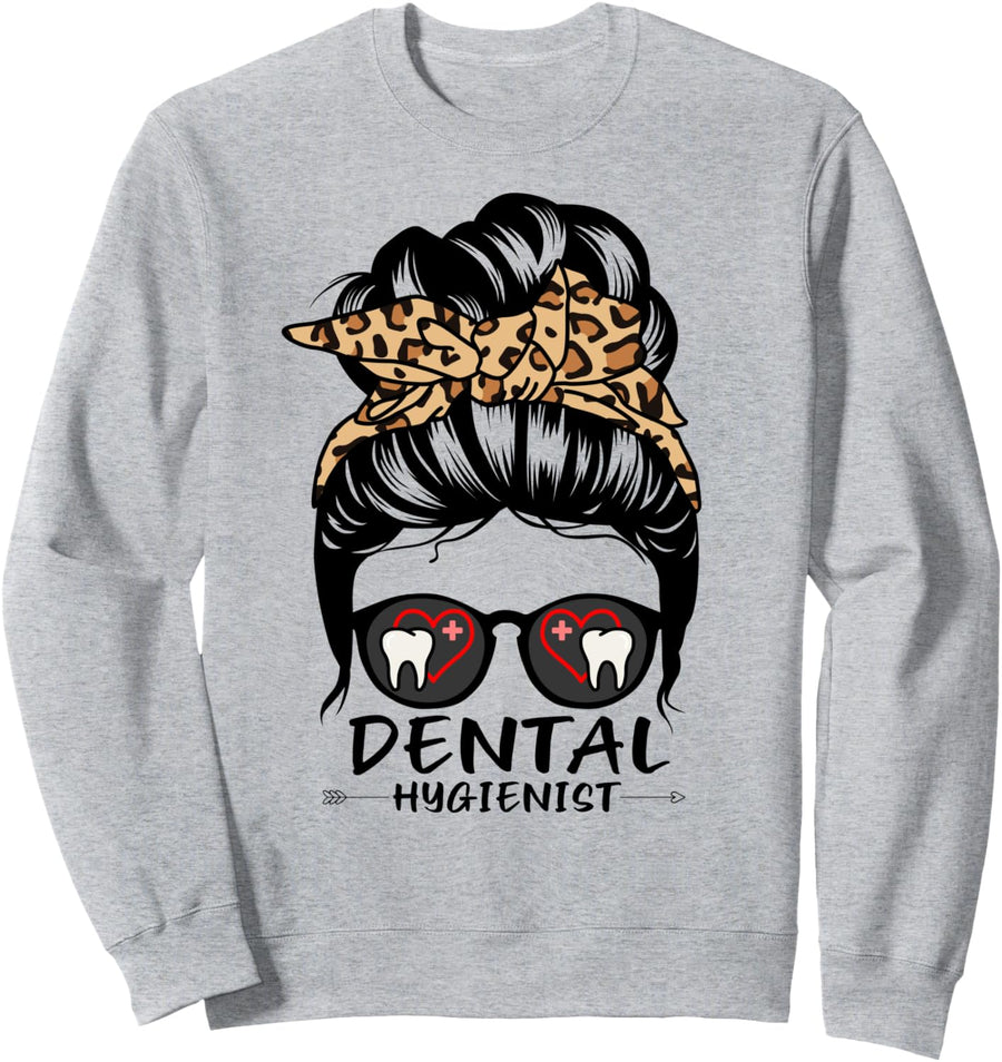 Dental Hygienist Messy Bun Hair Funny Leopard Dental Sweatshirt - Adult Unisex Heather Grey