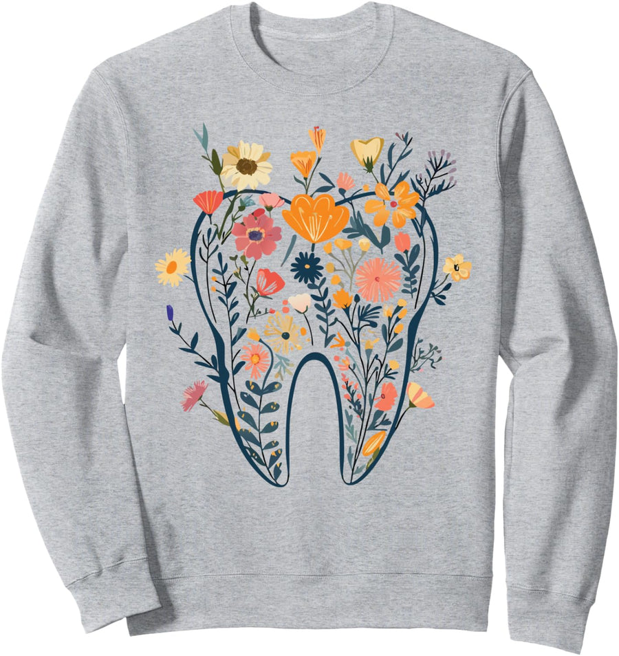 Floral Tooth, Boho Flower Dental Student Dental Assistant Sweatshirt - Adult Unisex Heather Grey