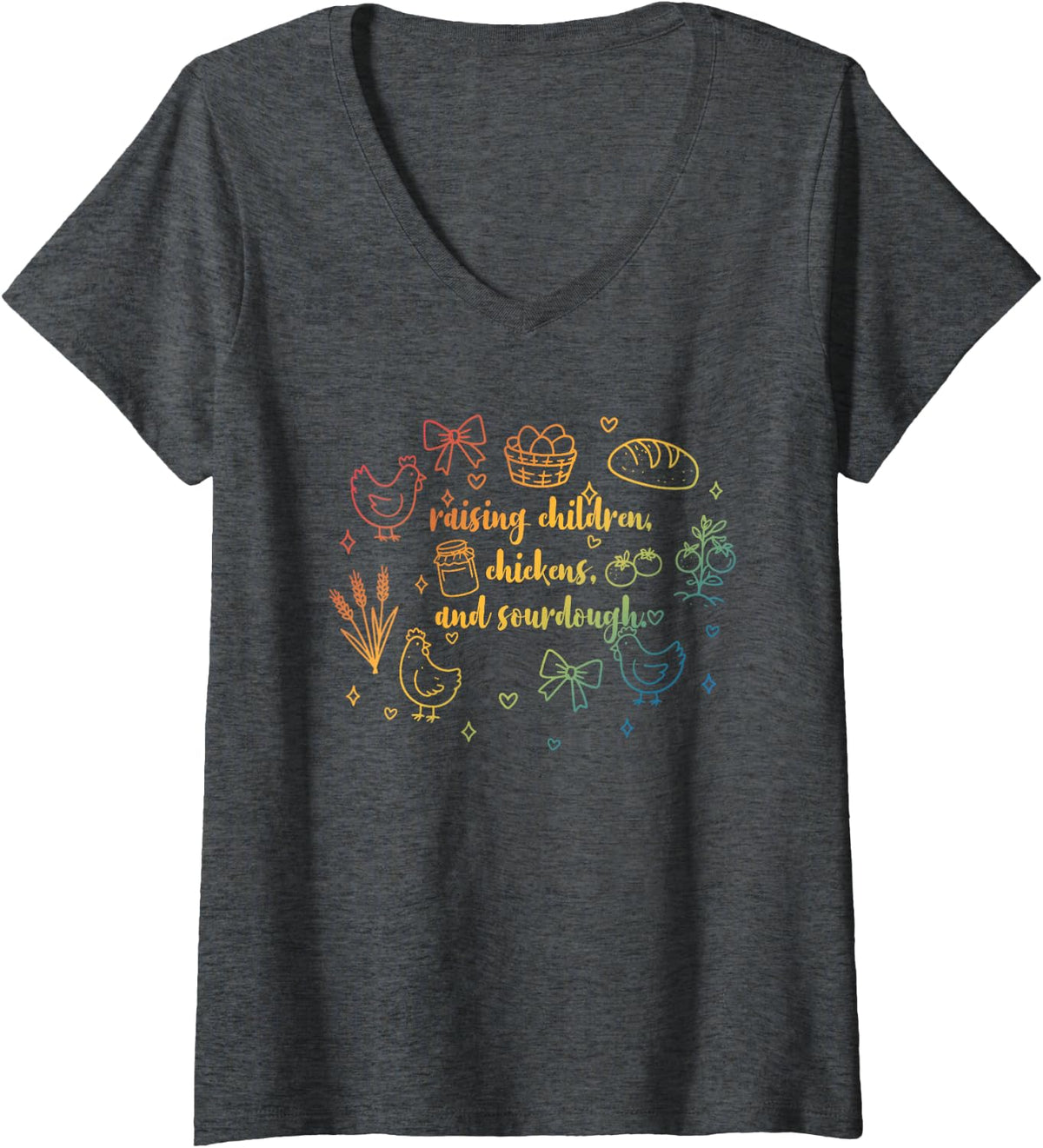 Women's Raising Children Chickens and Sourdough Funny Vintage Farm V-Neck T-Shirt - Dark Heather Grey