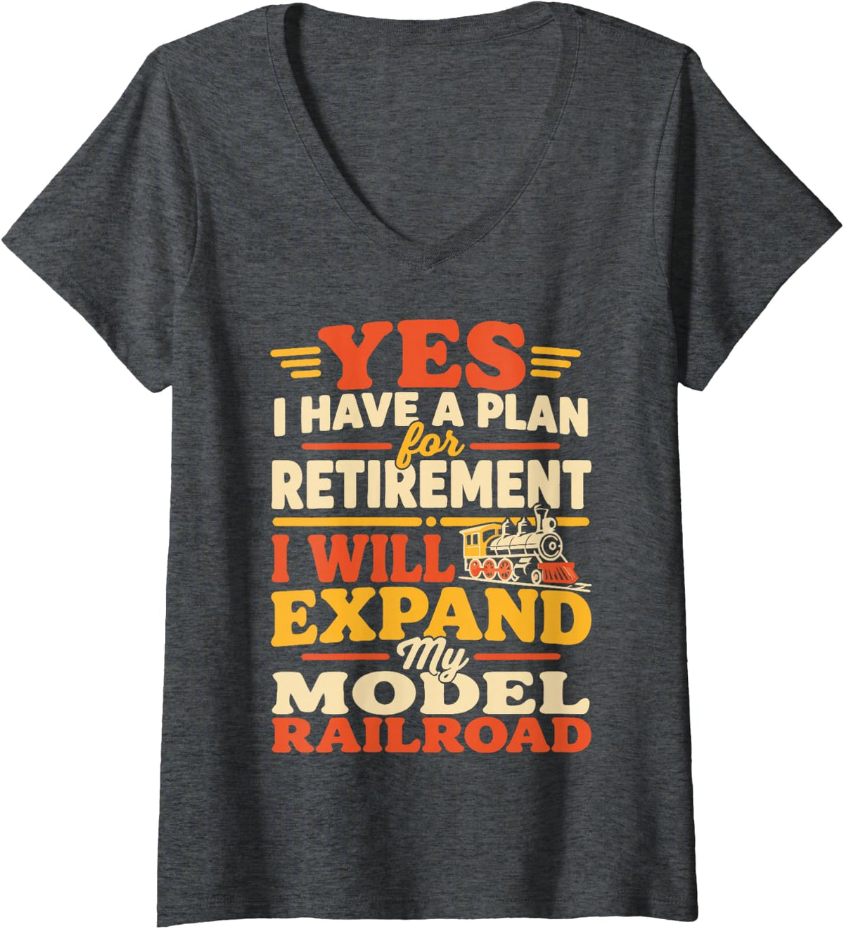 Women's Model Railroad Hobby Train Railway V-Neck T-Shirt - Dark Heather Grey