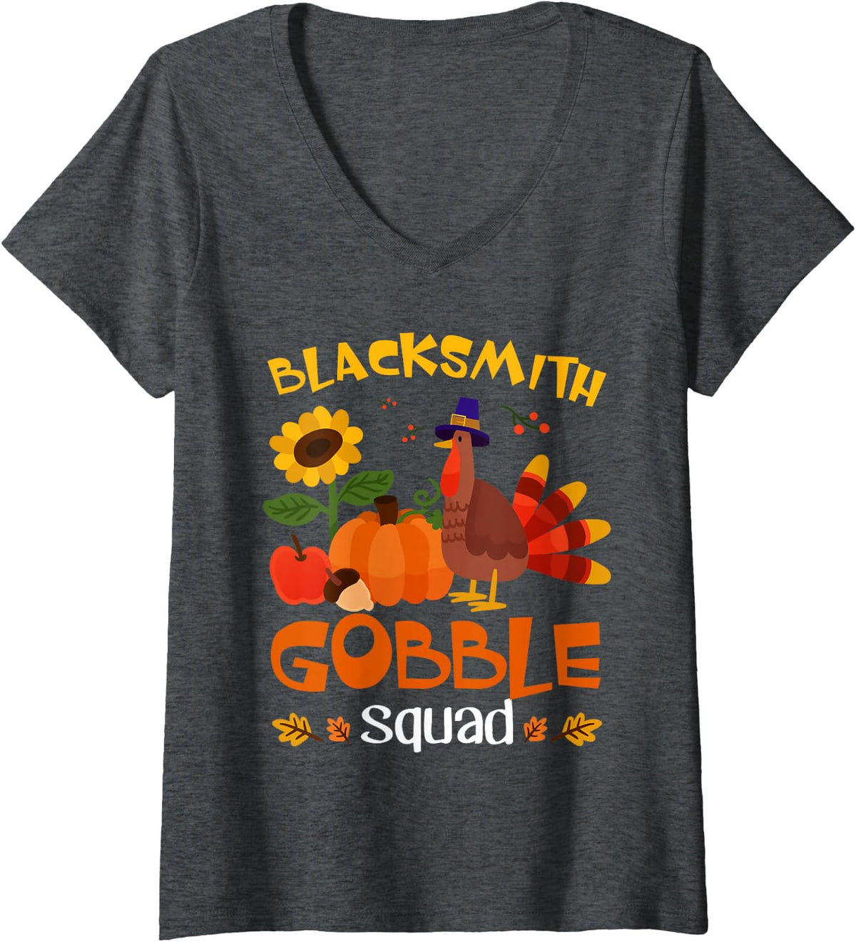 Women's Blacksmith Gobble Squad Turkey Thanksgiving V-Neck T-Shirt - Dark Heather Grey