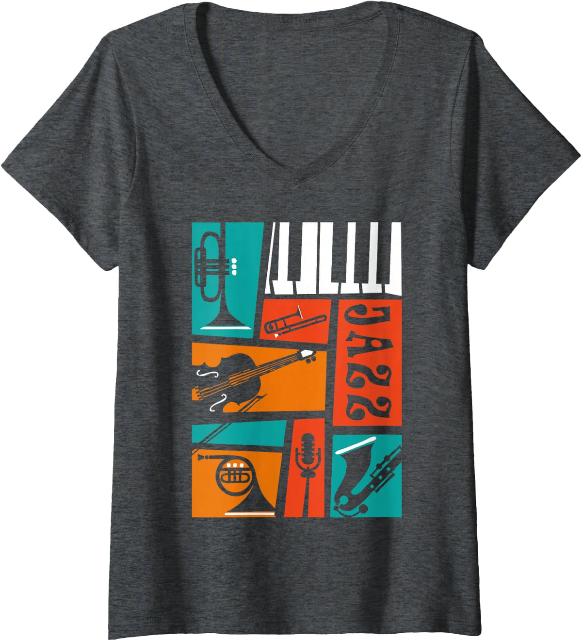 Women's Jazz Music Saxophone Trumpet Piano Instruments Jazz V-Neck T-Shirt - Dark Heather Grey