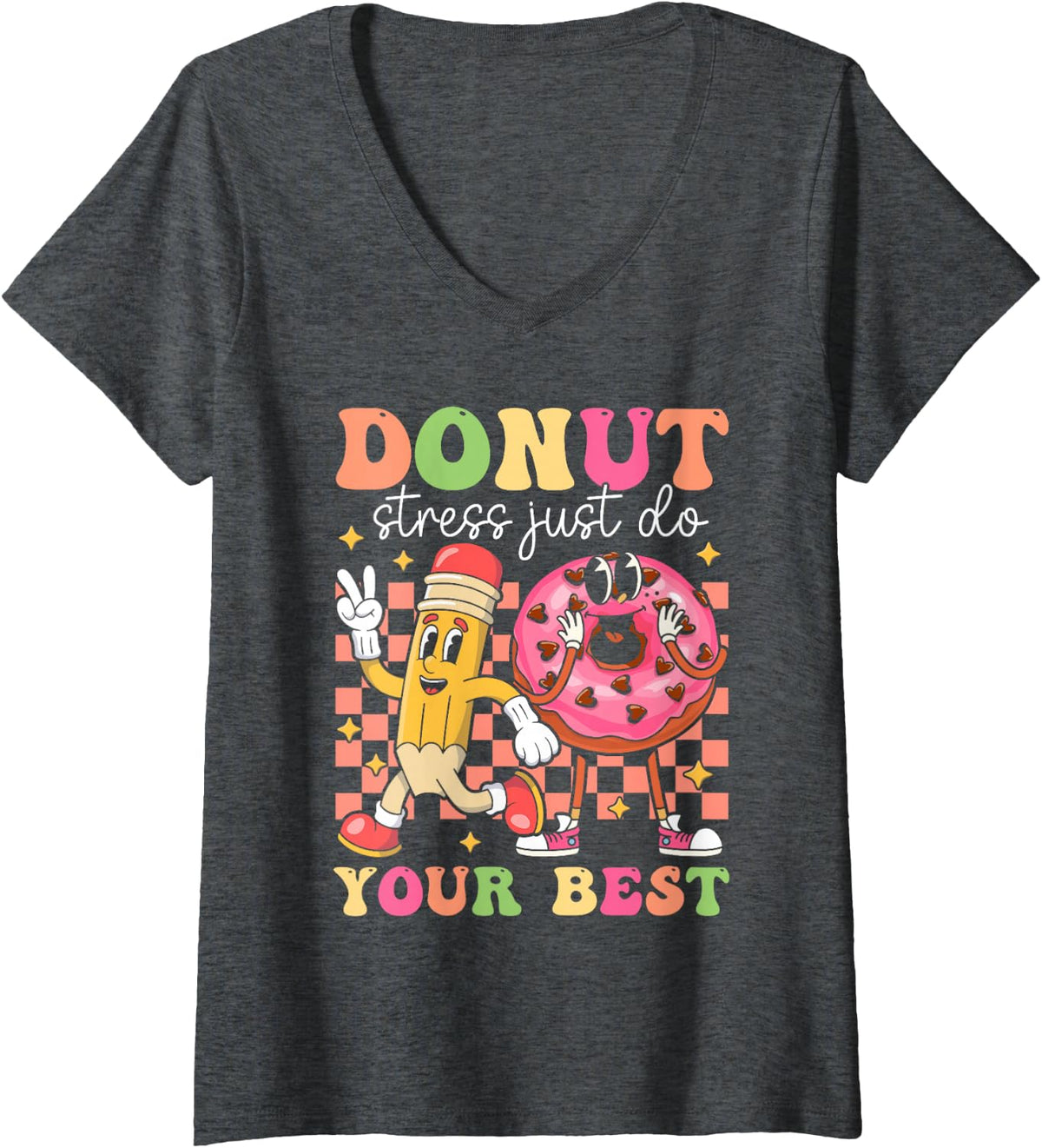 Women's Groovy Donut Stress Just Do Your Best Testing Day Teachers V-Neck T-Shirt - Dark Heather Grey