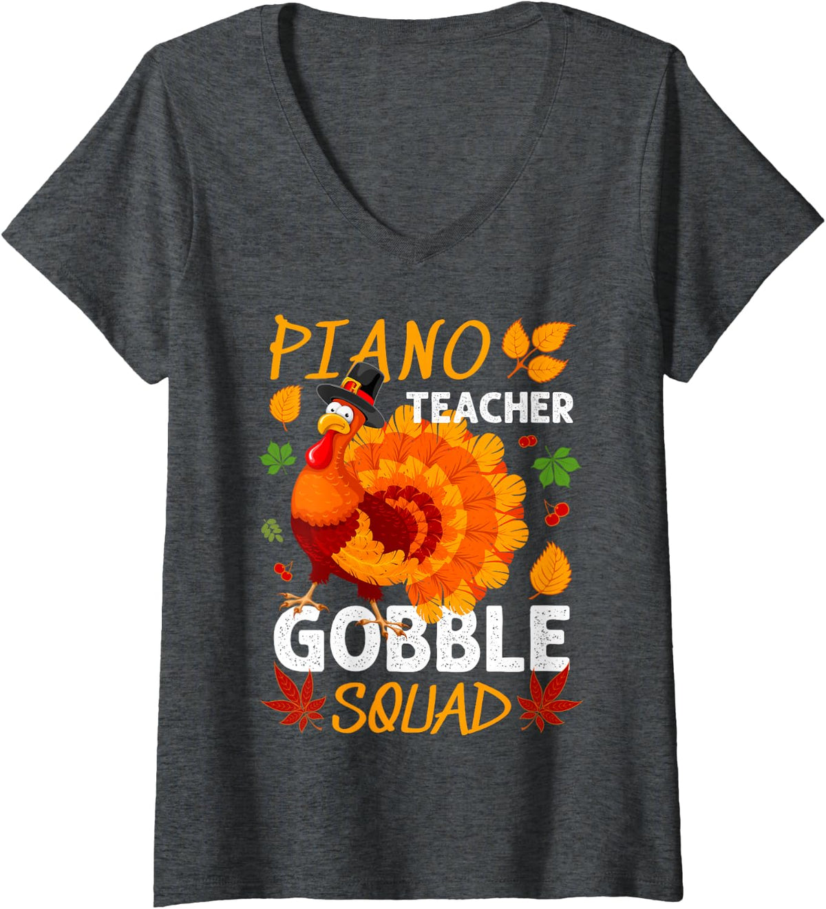 Women's Piano Teacher Gobble Squad Turkey Thanksgiving Fall V-Neck T-Shirt - Dark Heather Grey