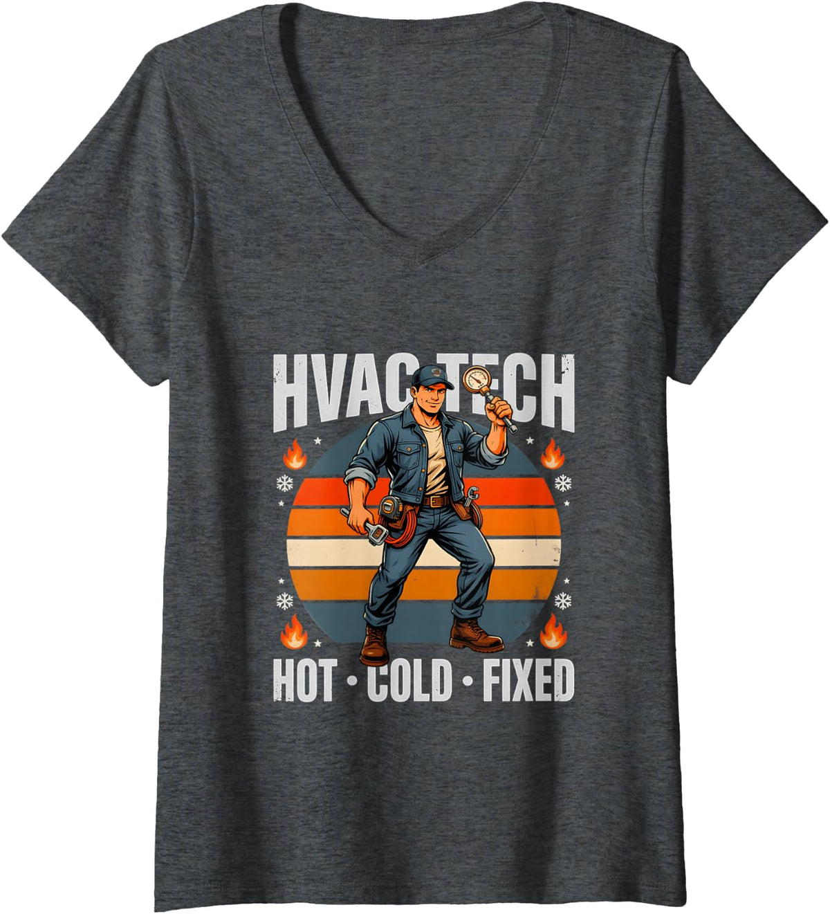 Women's HVAC Tech Hot Cold Fixed Heating Cooling V-Neck T-Shirt - Dark Heather Grey