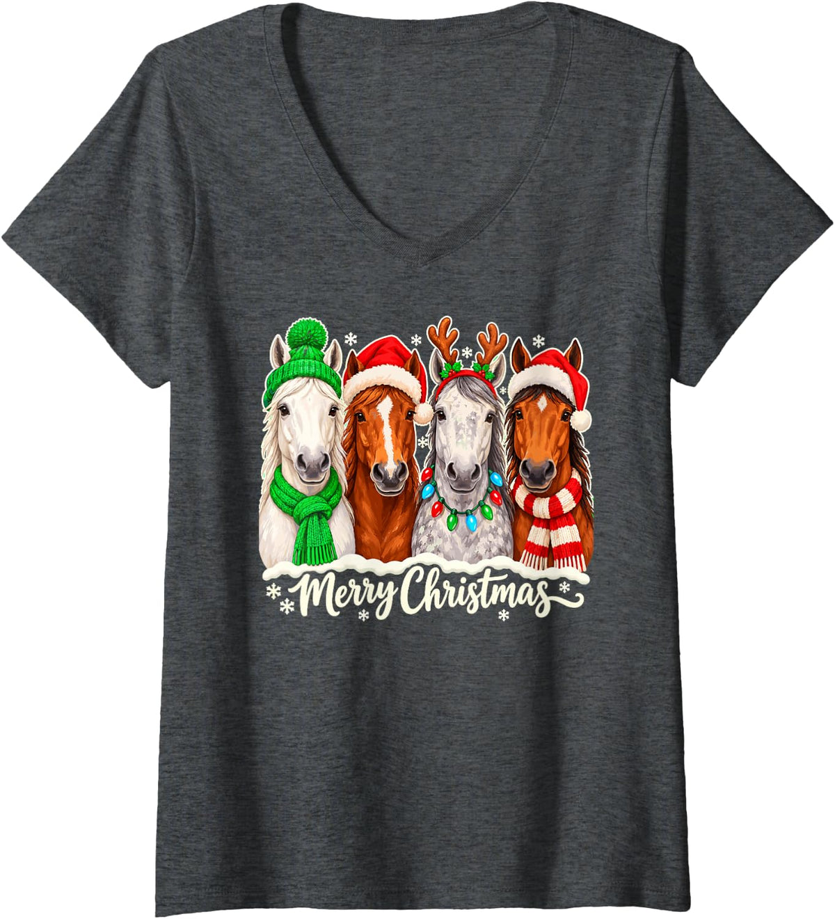 Women's Horse Merry Christmas Funny Equestrian Holiday Santa Cards V-Neck T-Shirt - Dark Heather Grey