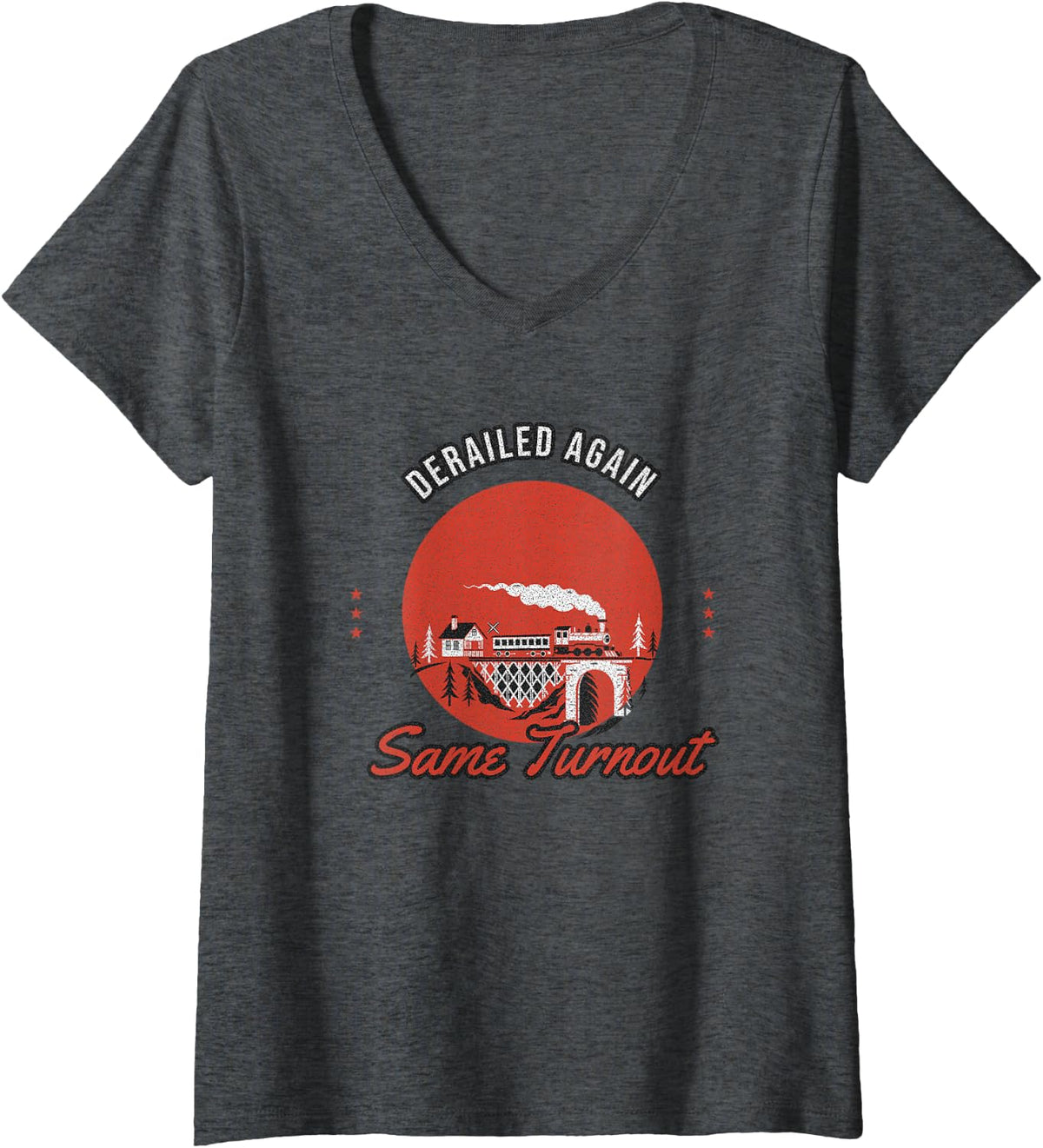 Women's Model Railroad - Derailed Again Same Turnout V-Neck T-Shirt - Dark Heather Grey
