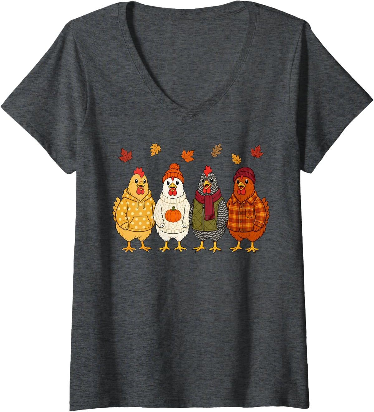 Women's Chicken Fall Autumn Season Pumpkin Farm Animal V-Neck T-Shirt - Dark Heather Grey