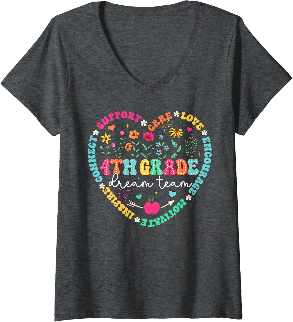 Women's 4th Grade Dream Team Floral Back to School Student Teacher V-Neck T-Shirt - Dark Heather Grey