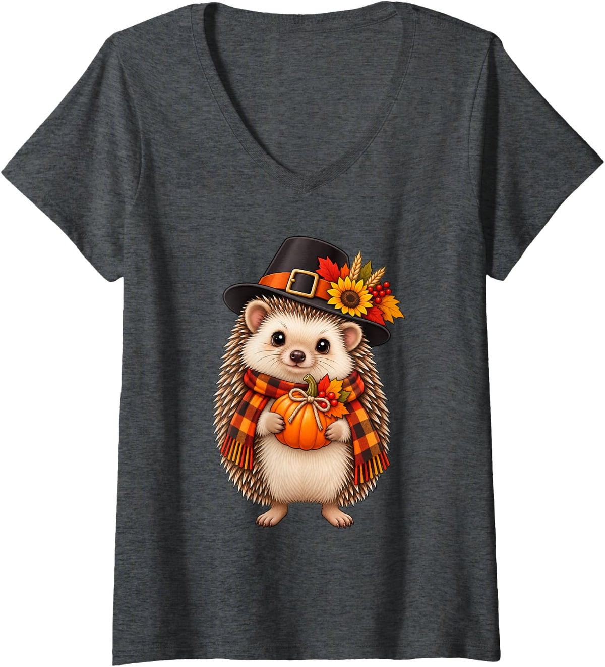 Women's Hedgehog Thanksgiving V-Neck T-Shirt - Dark Heather Grey