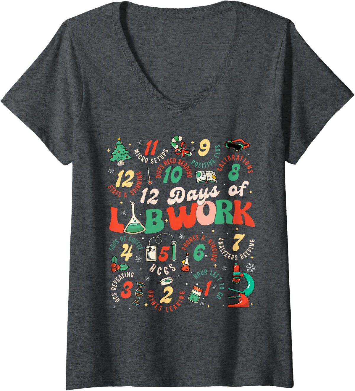 Women's 12 Days of Lab Technician Christmas Funny Medical Laboratory V-Neck T-Shirt - Dark Heather Grey