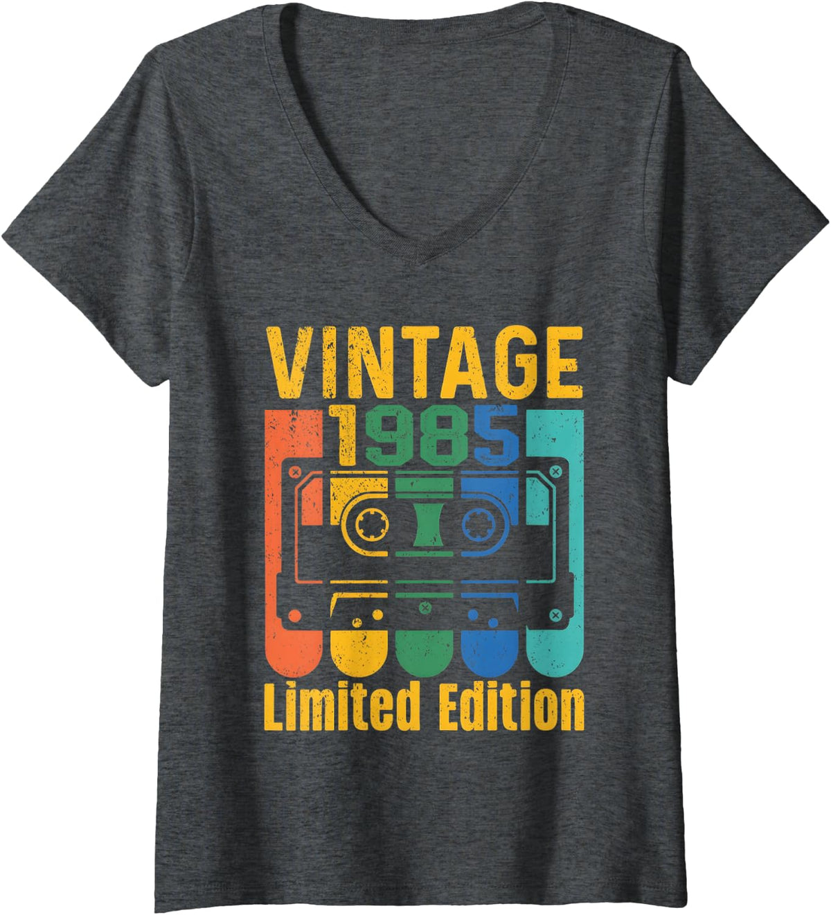 Women's Vintage 1985 Limited Edition Cassette Tape Classic Birthday V-Neck T-Shirt - Dark Heather Grey