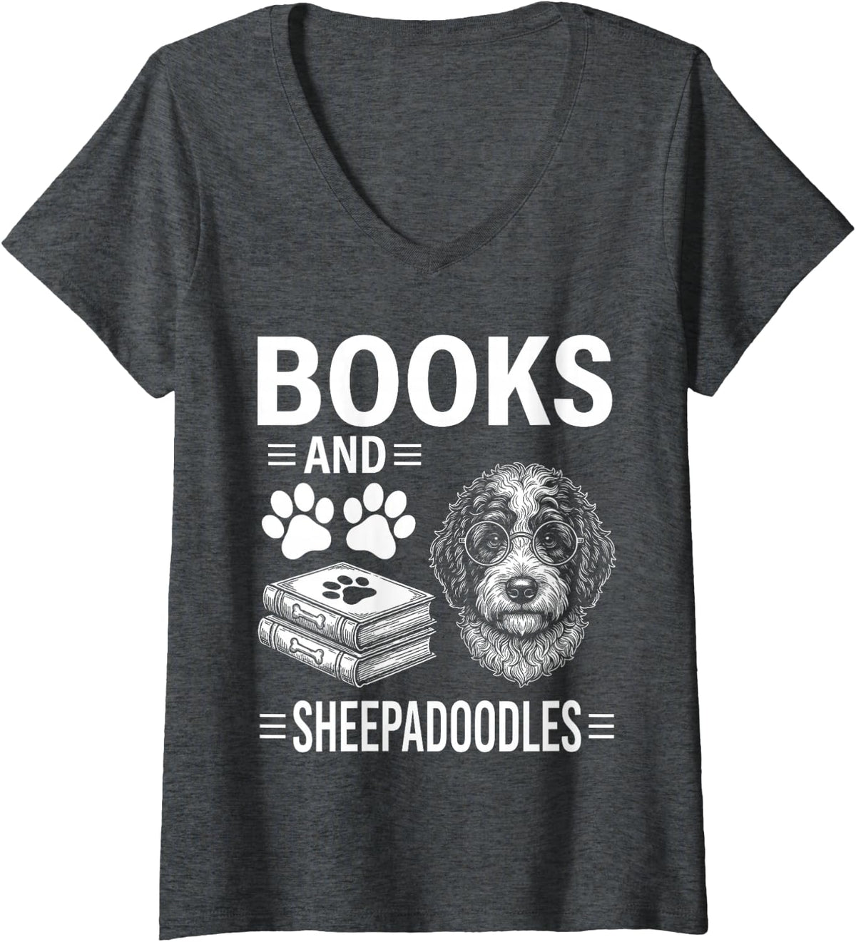 Women's Books and Sheepadoodles Funny Sheepadoodle V-Neck T-Shirt - Dark Heather Grey