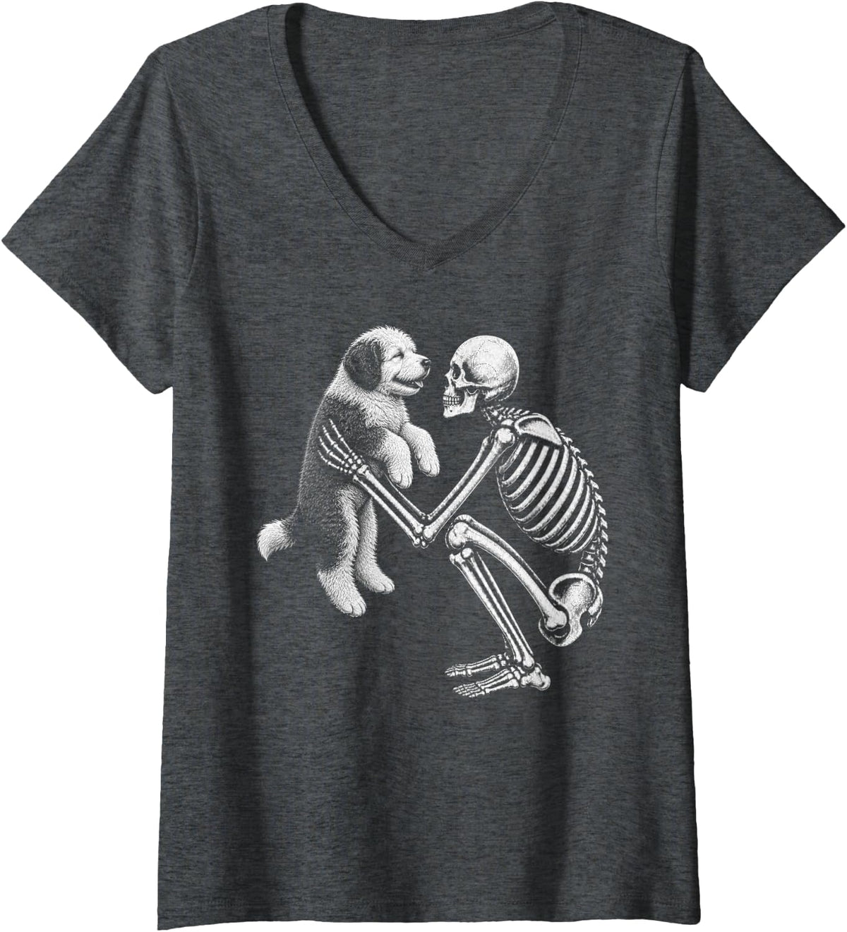 Women's Skeleton Holding Sheepadoodle Retro Halloween Doodle Dog V-Neck T-Shirt - Dark Heather Grey