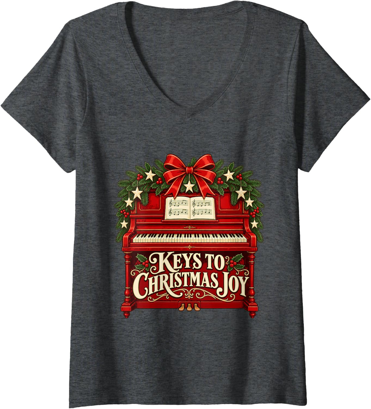 Women's Christmas Piano with Evergreen Garland and Music V-Neck T-Shirt - Dark Heather Grey