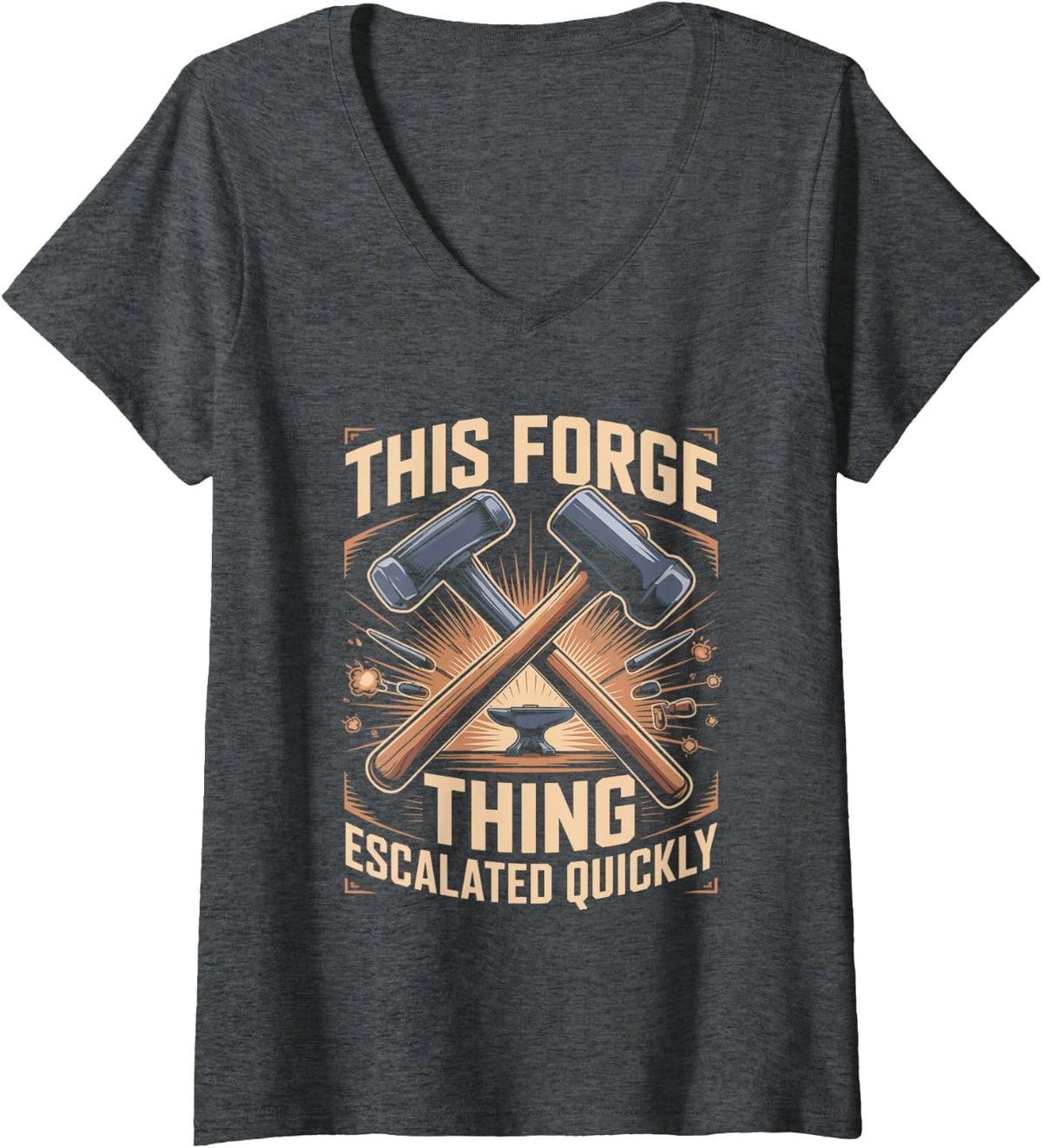 Women's This Forge Thing Escalated Quickly Blacksmithing V-Neck T-Shirt - Dark Heather Grey