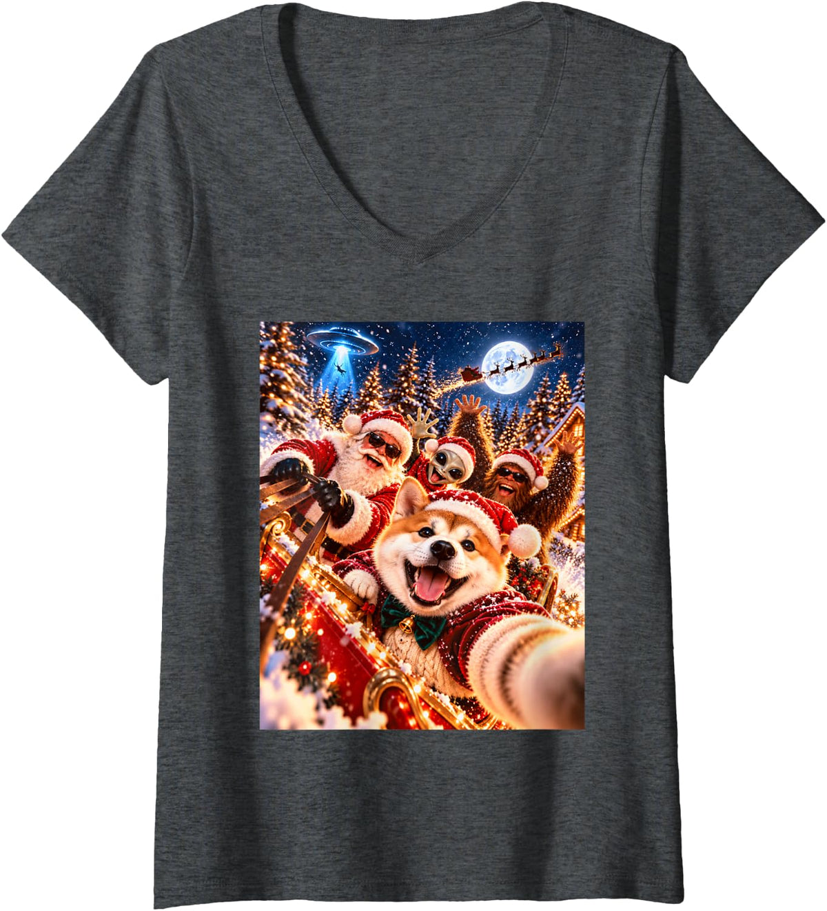 Women's Surprised Akita Santa Christmas Selfie UFO Graphic V-Neck T-Shirt - Dark Heather Grey
