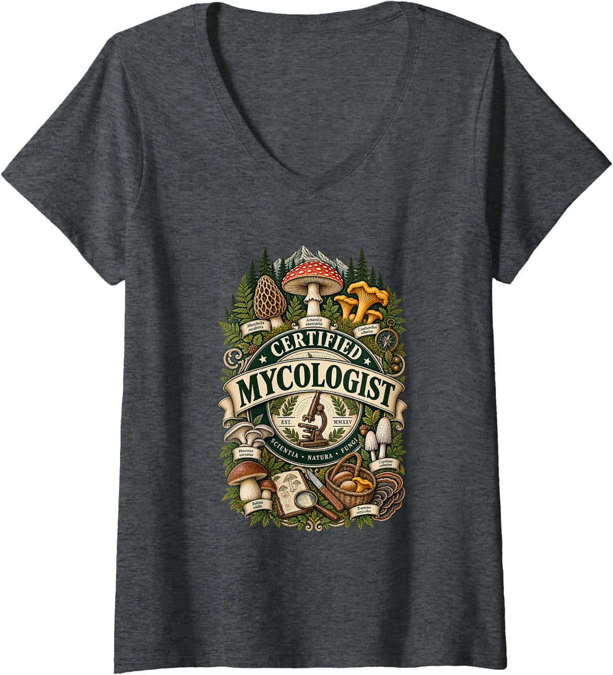 Women's Certified Mycologist Mushroom Chanterelle Mycology Shirt V-Neck T-Shirt - Dark Heather Grey
