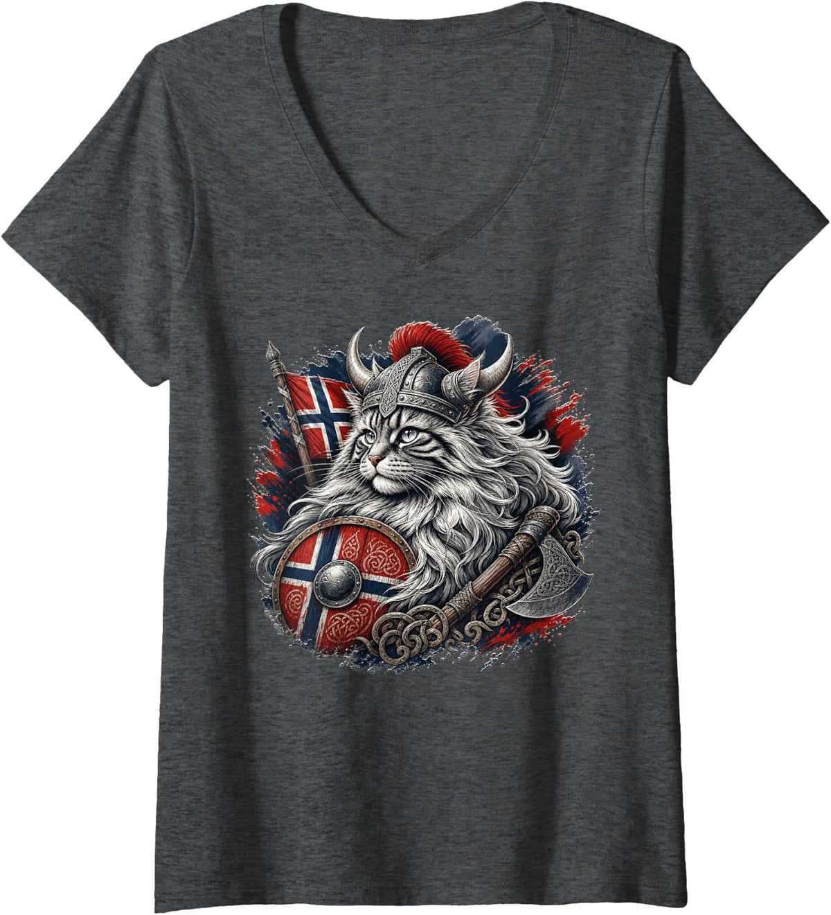 Women's Majestic Norwegian Forest Cat Viking Illustration V-Neck T-Shirt - Dark Heather Grey