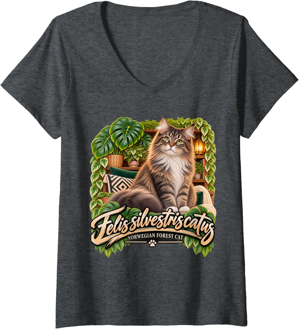 Women's Norwegian Forest Cat Felis Silvestris Catus Cat Owner V-Neck T-Shirt - Dark Heather Grey