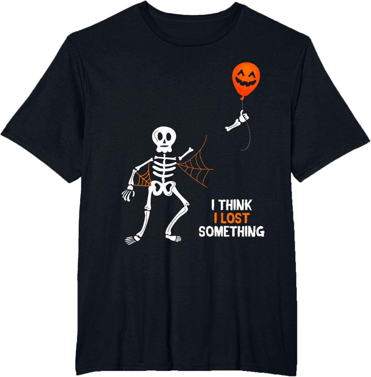 Halloween Spooky Skeleton Holding Balloon Pumpkin T-Shirt - Black