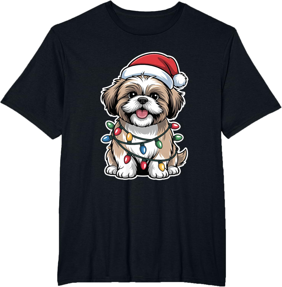 Shih Tzu Wrapped in Christmas Lights T-Shirt - Black