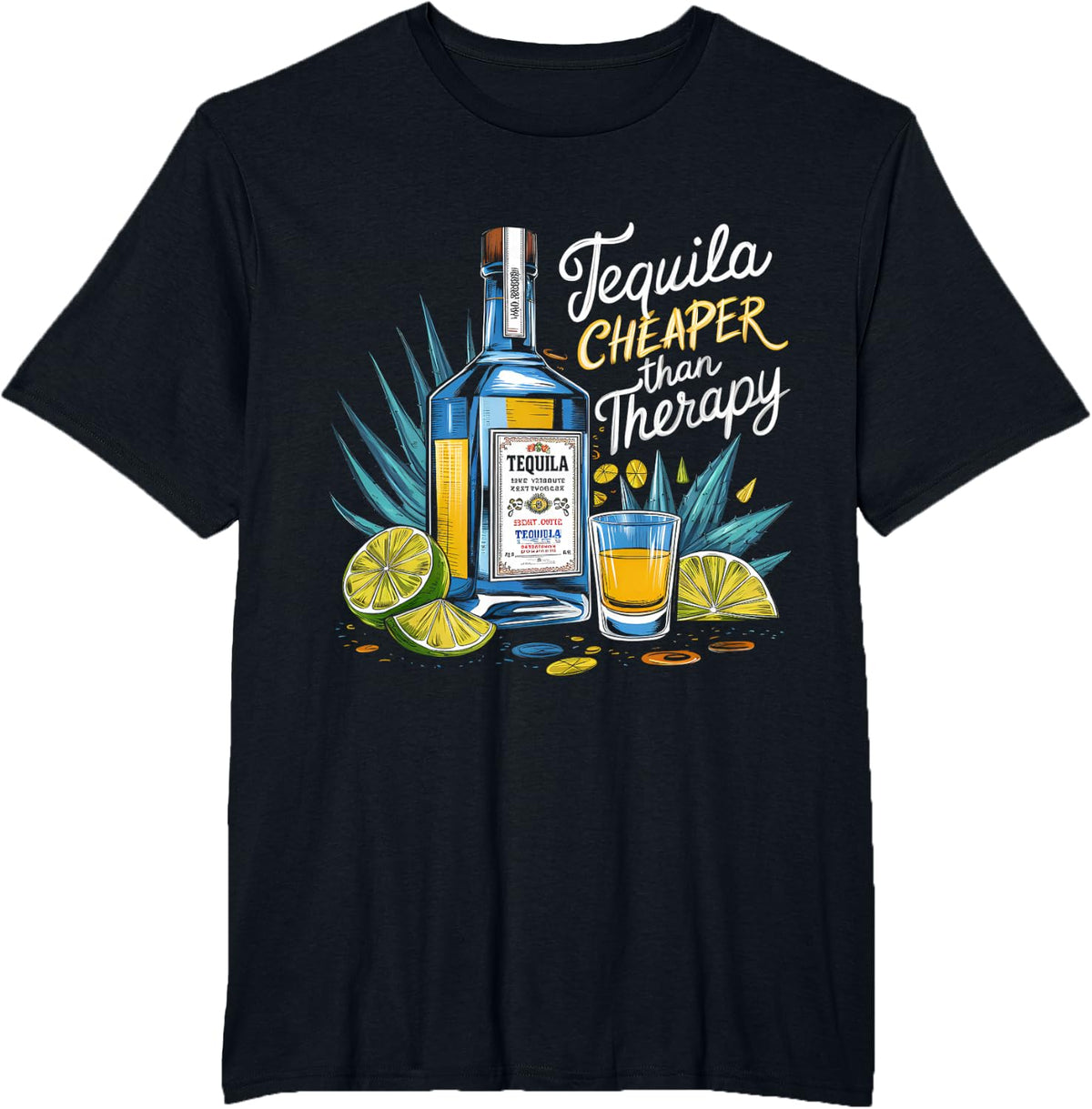 Retro Tequila Drinking Tequila Cheaper Than A Therapy Funny T-Shirt - Black
