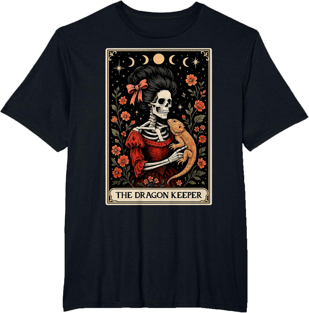 The Dragon Keeper Bearded Dragon Lizard Tarot Card Skeleton T-Shirt - Black