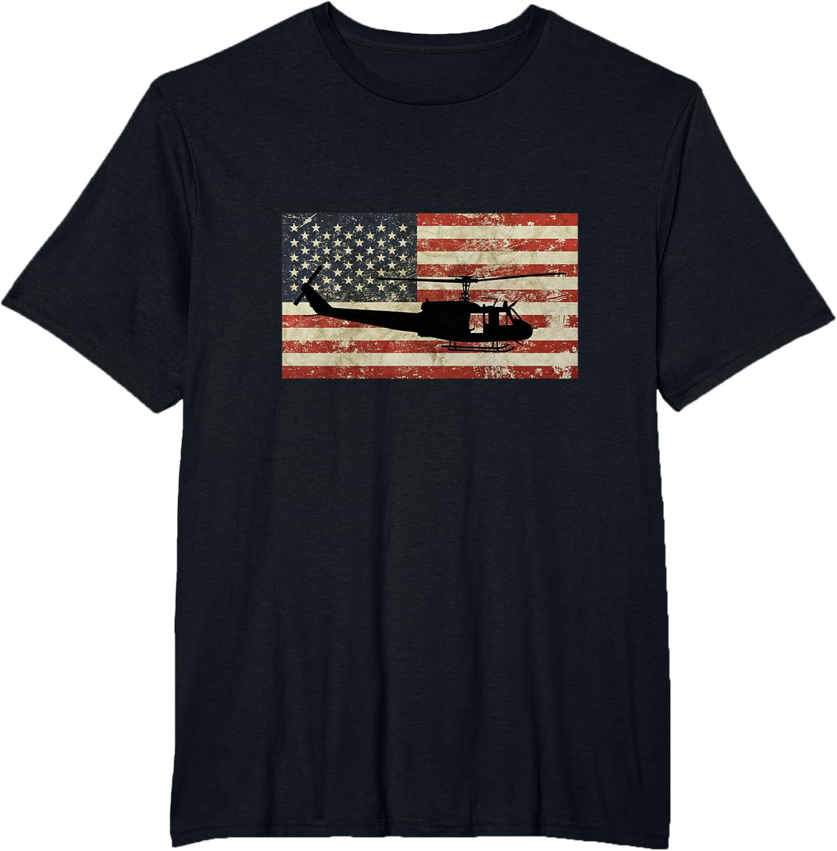 Vintage American USA Flag Huey Helicopter Military Pilot T-Shirt - Black