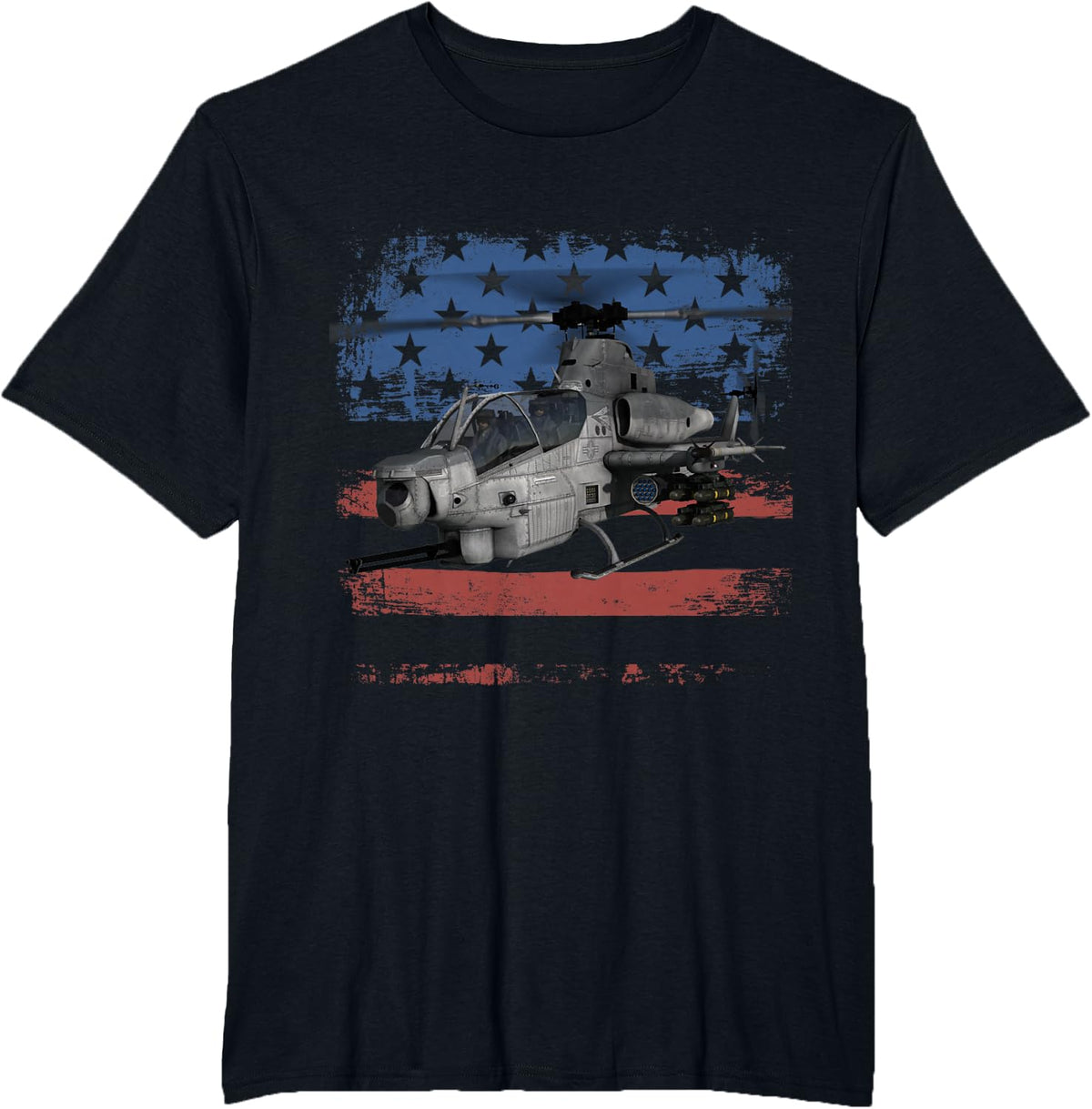 AH-1 Cobra Attack Helicopter Military Distressed US Flag T-Shirt - Black