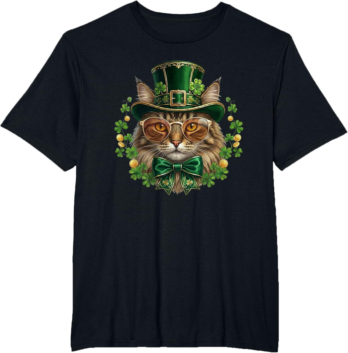 Norwegian Forest Cat Leprechaun Hat Glasses St Patricks Day T-Shirt - Black